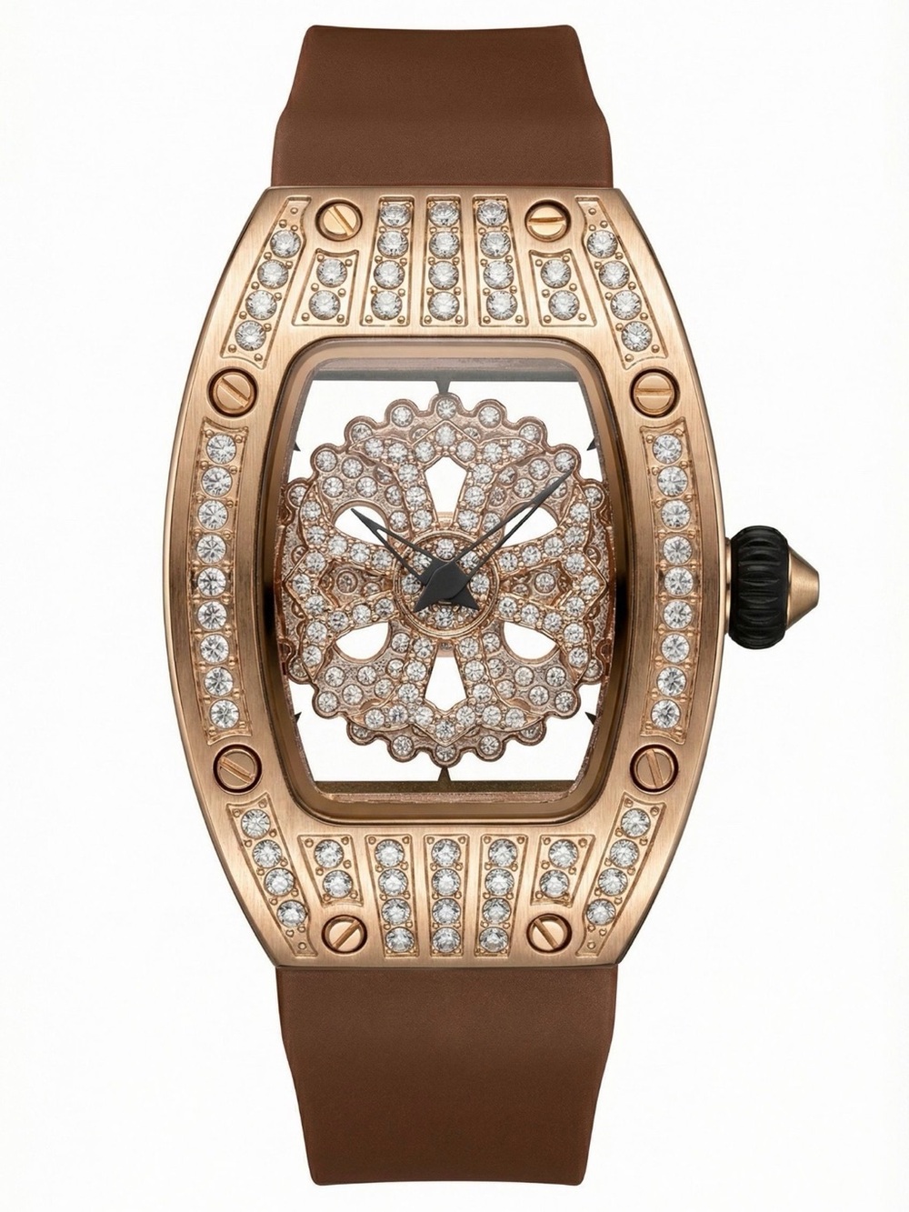 BIBI Rose Gold Crystal Floral Skeleton Watch - Brown Strap